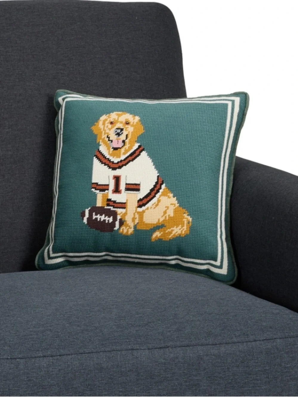 VIRAL Needlepoint Dog Football Pillow, Brand New!